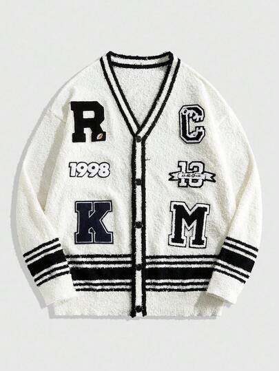 Street Life Cárdigan de punto casual diario con parche de letra para hombre, otoño/invierno