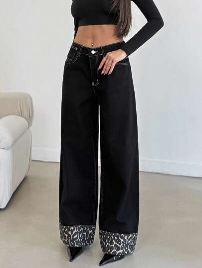 SHEIN Tall HIGH RISE WIDELEG JEAN WITH LEOPARD TALL