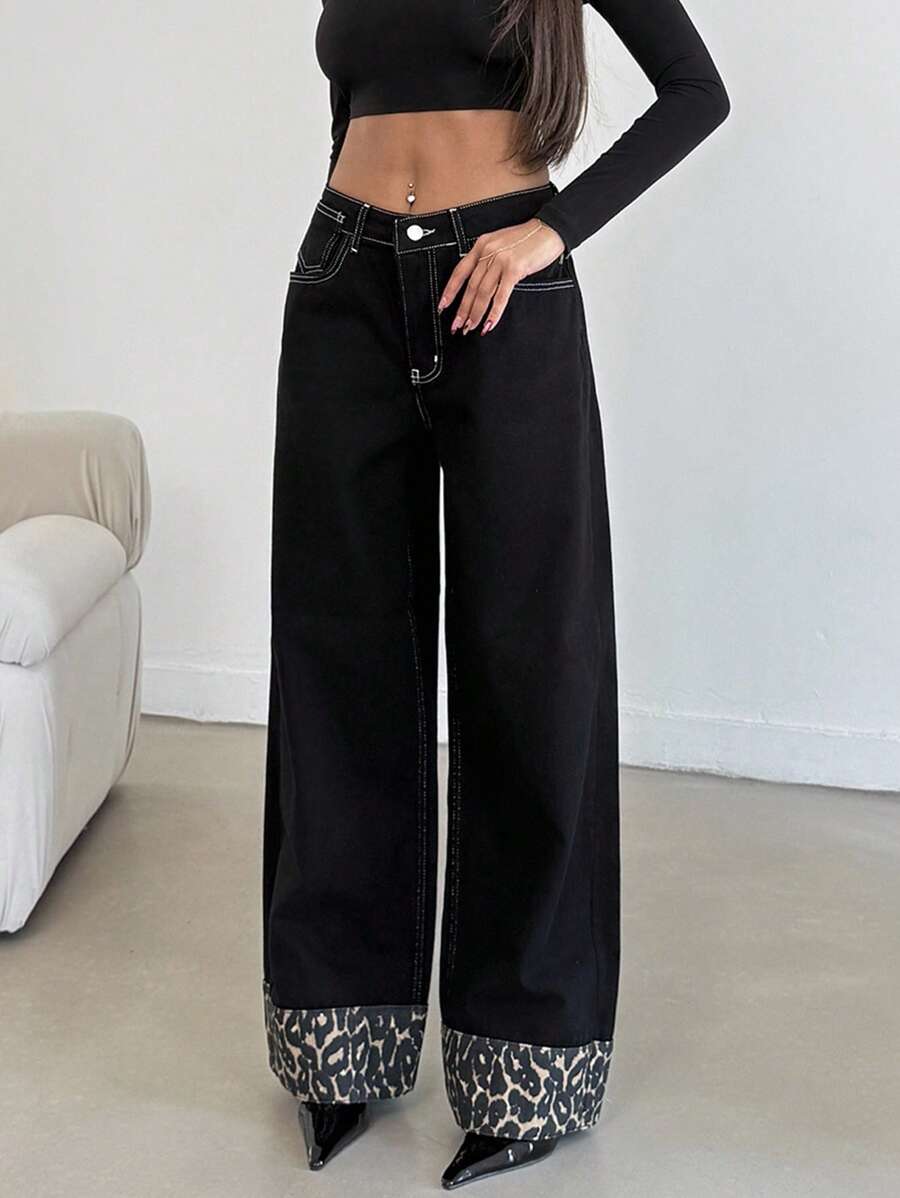 SHEIN Tall HIGH RISE WIDELEG JEAN WITH LEOPARD TALL - Black - View 1