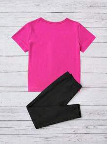 SHEIN Setelan 2 Potong Sweatshirt dan Legging Grafis Warna-warni untuk Anak Perempuan, Kaos Lengan Pendek Model Bahu Longgar Warna Pink Muda, Musim Panas, Sekolah - MultiWarna - View 2