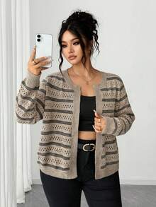 Elenzga Women's Plus Size Khaki Striped Knitted Cardigan,Smart Casual Round Neck Open Knit Crop Top For Autumn Vacation Winter,Fashionable Versatile Jacket - Camel - View 5