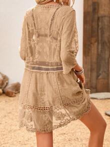 Swim Vcay 女士沙滩裙 女士蕾丝沙滩罩衫 休闲中袖低领罩衫，夏季海滩 - 藕粉色 - 查看 2