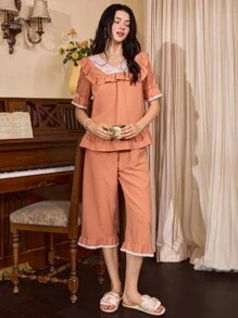 French Elegant Lace Patchwork Romantic Women Pajama Set - Orange - View 3