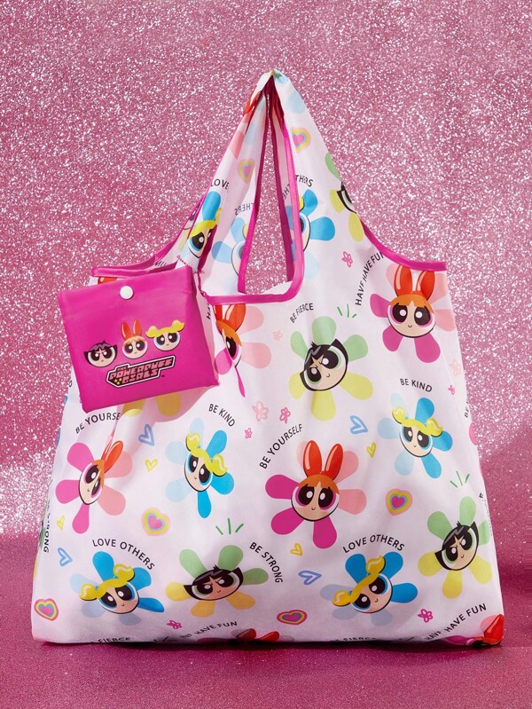 THE POWERPUFF GIRLS X SHEIN 1pc Cartoon Bubbles, Blossom, Buttercup Pattern Polyester Foldable Shopping Bag, Beach Bag, Tote Bag With Attached Small Pouch With Beaded Chain, Fashionable,Y2K