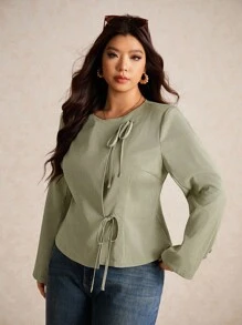 Elaquor 大码女式纯色长袖前系带休闲夹克 - 軍綠色 - 查看 3