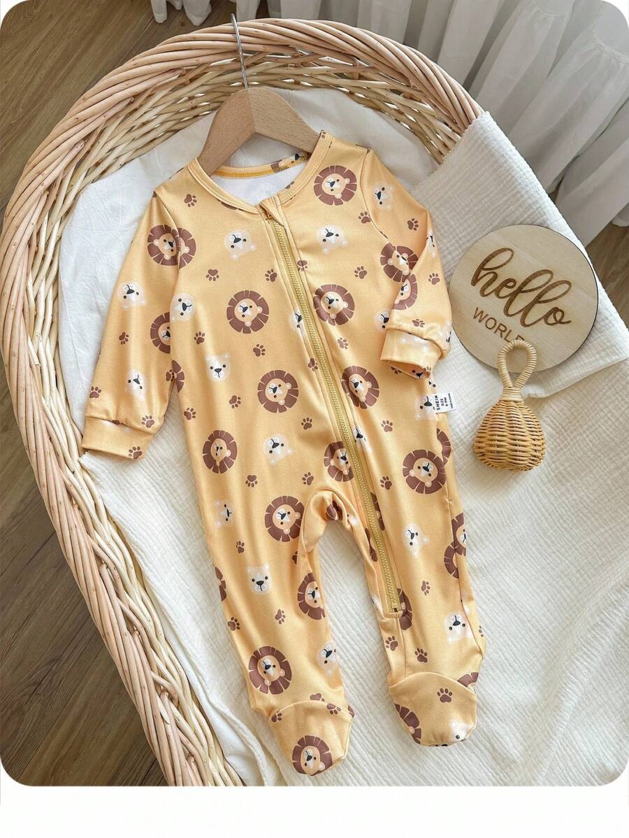 Newborn Baby Boy Cute Cartoon Lion Graphic Round Neck Long Sleeve Zipper Front Soft & Breathable Romper - Yellow - View 1