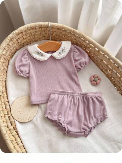 SHEIN 新生女宝宝休闲针织弹力可爱彼得潘领刺绣泡泡短袖上衣配松紧腰短裤套装