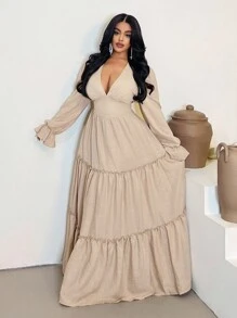 Maweii Plus Size Women's Solid Color Deep V-Neck Long Sleeve Ruffle Hem Fashion Dress Fall Cloth For Women - Khaki - View 2