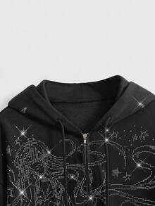 ROMWE Kawaii 卡哇伊女孩卡通星星水钻装饰超大开襟女式连帽羊毛运动衫