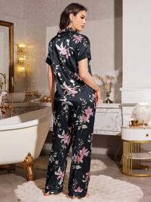 LuxeNights Faux Silk Floral Print Collar Shirt & Long Pants Pajama Set - Black - View 2