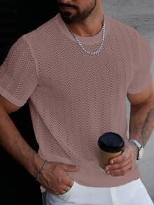 Manfinity Homme 男士夏季麦穗图案圆领短袖休闲T恤男士钩针衬衫男士杏色T恤针织T恤男士网眼男士上衣玫瑰金男士T恤 - 藕粉色 - 查看 4