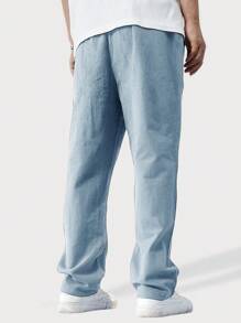 Manfinity Homme 秋季男士宽松纯色抽绳腰直筒裤 - 淺藍色 - 查看 2