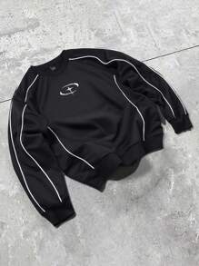 Manfinity EMRG 男士休闲撞色滚边套头卫衣，春秋季，黑色卫衣，长袖上衣 - 彩色 - 查看 1