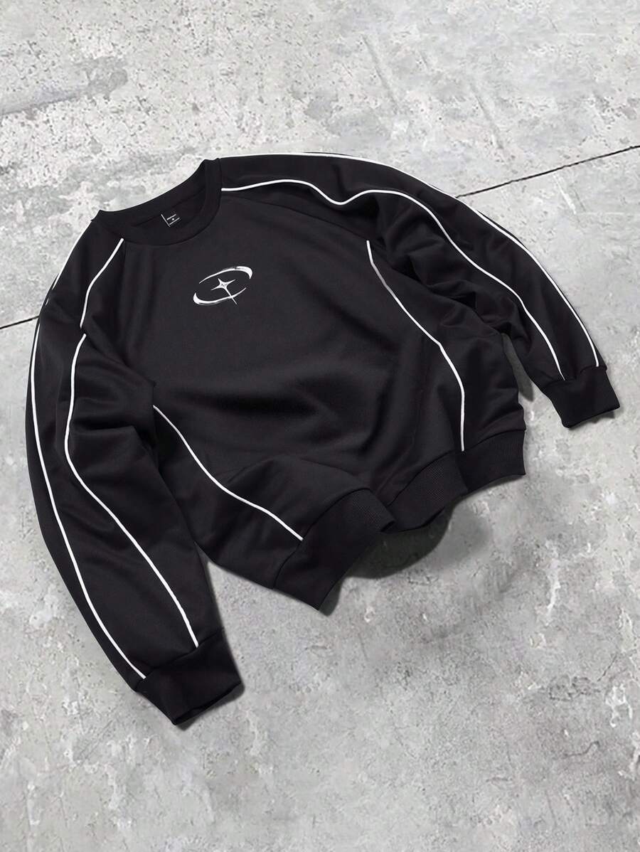 Manfinity EMRG 男士休闲撞色滚边套头卫衣，春秋季，黑色卫衣，长袖上衣 - 彩色 - 查看 1