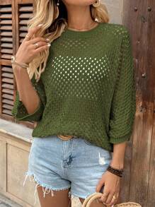 Breezaya 女款休闲宽松蝙蝠袖镂空针织衫，杏色，春秋 - 軍綠色 - 查看 4