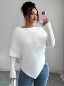 Elenzga 女式不对称蝙蝠袖圆领休闲优雅针织毛衣上衣，适合春秋冬季度假和节日穿着 - 杏色 - 查看 5