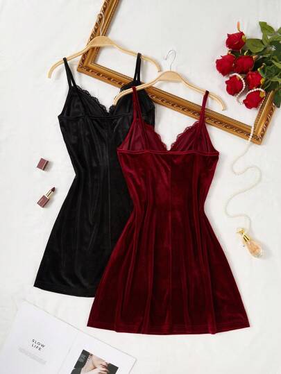 Elegante Fluwelen Kanten Camisole Nightgown Set, Sleep Lingerie Dress, Fall Clothes, Cozy view 2