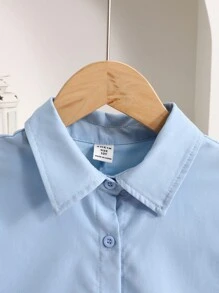 青少年女孩时尚休闲百搭度假和日常穿着浅蓝色后开衩蝴蝶结长袖衬衫，返校季，学院风，户外，学生装 - 淺藍色 - 查看 4