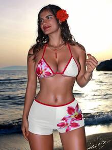 Swim SXY Bộ 2 món/Bộ đồ bơi bikini họa tiết hoa mới mùa hè cổ yếm hình tam giác & quần hipster gợi cảm thanh lịch, thích hợp đi biển, hồ bơi, tiệc tùng - Nhiều màu - Xem 3