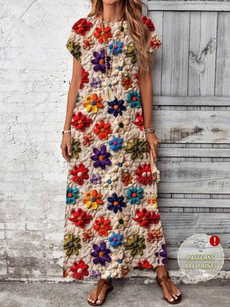 EMERY ROSE Vestido de punto con estampado floral casual, versátil para primavera/verano