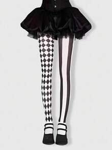 ROMWE Goth 1件装高弹力黑白格子不对称性感女士内裤/打底裤/紧身裤，适合体重80-130磅的女性 - 黑與白 - 查看 3