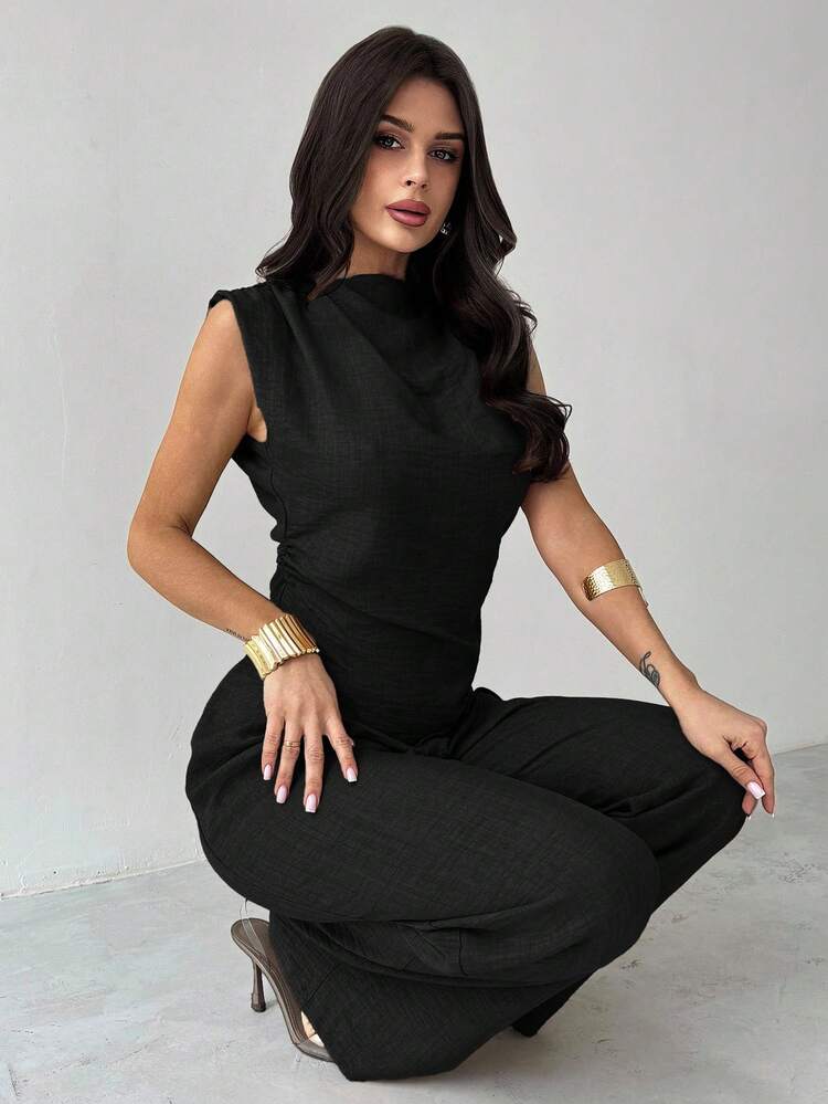 Firerie 卡其色简约优雅休闲通勤办公室服装：无袖不对称褶皱腰女式衬衫 + 常规褶皱阔腿女式裤子、亚麻通勤套装、女士沙滩装、机场装、度假装、教师装 - 黑色 - 查看 7