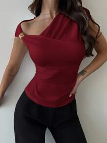 Firerie 女式不对称肩部褶皱腰部紧身 T 恤，优雅朴素的设计，适合日常通勤、春夏、海滩、机场、度假、教师 - 酒紅色 - 查看 4
