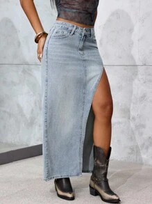Jeanoix Casual Fashionable Sexy Slit Button Denim Mini Skirt For Women Y2k