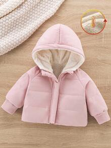 SHEIN Playful Pals Baby Girl Infant Toddler 0-3 Years Old Warm Thermal Lined Hooded Jacket, Suitable For Winter, School, Outings, Birthday Parties, Versatile Design Fall
