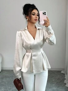 Elenzga 女士优雅时尚V领交叉系带秋季衬衫 - 杏色 - 查看 1