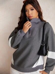 Elaquor Maglione oversize da donna casual e minimalista, in stile streetwear, con patchwork a contrasto di colore e lavorazione a nido d'ape, morbido e ampio, con mezza chiusura lampo, adatto per autunno/inverno - Grigio Scuro - Visualizzare 5
