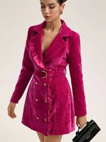 Aveloria Rosie Commuter Ruffle Trim Suit Skirt With Belt, A-Line Collared Long Sleeve Dress Fall Cloth For Women - Hot Pink - View 5