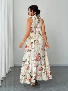 Elenzga 大码女式优雅浪漫碎花 V 领长裙 - 彩色 - 查看 2