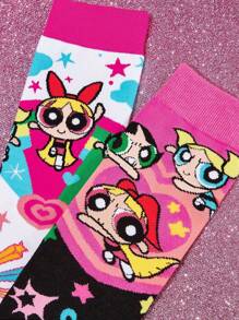 THE POWERPUFF GIRLS X SHEIN 2 đôi tất cổ cao mềm mại, thoáng khí, thấm hút mồ hôi dành cho nữ, họa tiết hoa, bong bóng, hoa mao lương, thời trang và dễ thương, màu trắng và hồng, mũi và gót được gia cố, bền bỉ, phù hợp cho mọi mùa, mọi phong cách - Nhiều màu - Xem 3