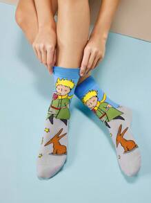 LE PETIT PRINCE X SHEIN 3 đôi tất dài đến bắp chân mềm mại, thoáng khí, thấm hút mồ hôi, thường ngày cho nữ, màu hồng và xanh dương, thời trang và dễ thương, mũi và gót được gia cố để bền bỉ trong mọi mùa, phù hợp với mọi phong cách, mặt trăng và ngôi sao - Nhiều màu - Xem 6