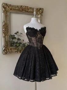 Lovelzi Elegante, romántico, de moda, de malla, negro, tela de encaje, espina de pescado, adecuado para vacaciones, discoteca, fiesta, resort, fiesta de cóctel, registro, vestido de gala, Día de San Valentín - Negro - Ver 5