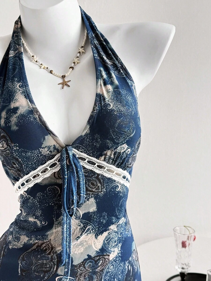 Elamini 女式复古印花 V 领系带荷叶边下摆迷你连衣裙，春夏 - 藏蓝色 - 查看 1