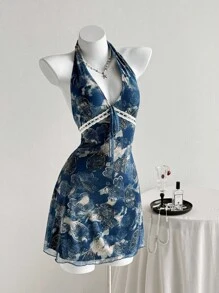 Elamini 女式复古印花 V 领系带荷叶边下摆迷你连衣裙，春夏 - 藏蓝色 - 查看 4