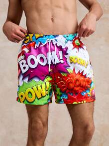 Solantero Calções de praia masculinos com estampa de letras coloridas - Roxa - Ver 7