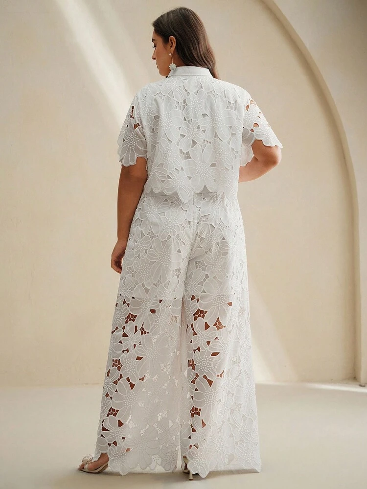 Women's Elegant New Lace Plus Size Outfit, Includes Wide Leg Pants, Stylish Spring/Summer Set
