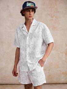 Surfspeed Men's Palm Tree Print Lapel NeckShort Sleeve Shirt And Shorts Beach Outfit