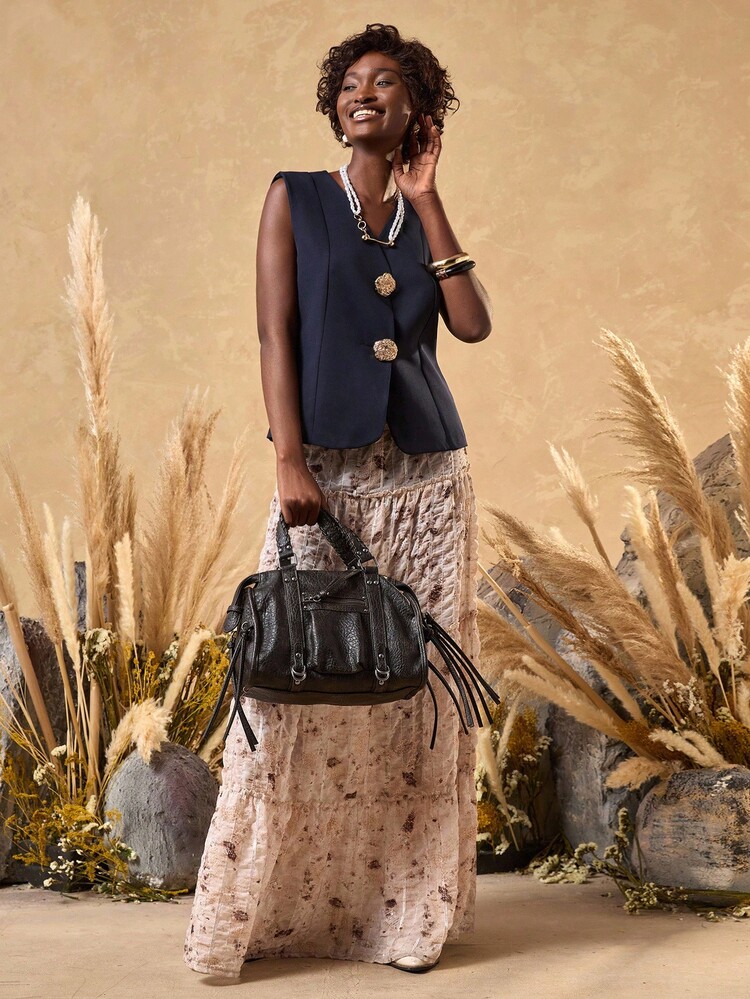 Bóhologie 女士纯色优雅金色纽扣前襟优质背心西装上衣、西装外套 - 藏蓝色 - 查看 4