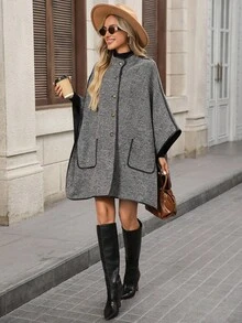 EMERY ROSE 女士人字纹单排扣蝙蝠袖宽松时尚大衣，秋季外出冬季外套 - 灰色 - 查看 7