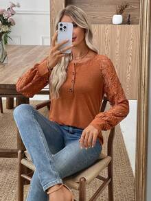 EMERY ROSE 女式撞色蕾丝插肩袖纽扣半襟休闲运动衫