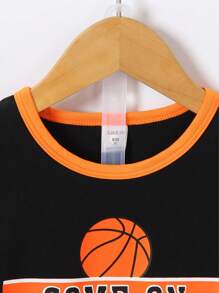 SHEIN 年輕男孩籃球字母圖形對比綁定背心上衣和短褲 - 黑色 - 查看 6