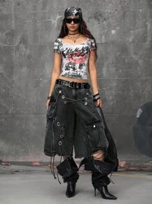ROMWE Grunge Punk 街头朋克风做旧宽松超低腰女式牛仔七分裤 - 黑色 - 查看 8