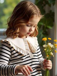 SHEIN Infant Polo Shirt Top, Baby Boy Striped Long Sleeve Crew Neck T-Shirt, Elegant Spring/Autumn New Style Undershirt Fall Winter - Black and White - View 1