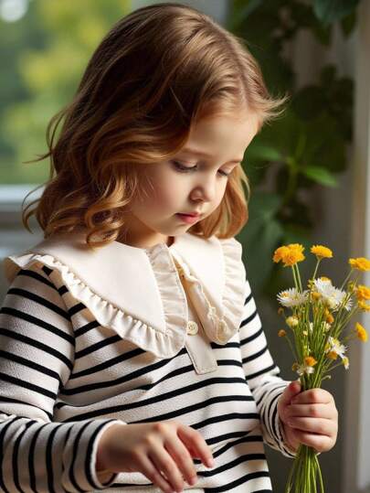 SHEIN Infant Polo Shirt Top, Baby Boy Striped Long Sleeve Crew Neck T-Shirt, Elegant Spring/Autumn New Style Undershirt Fall Winter