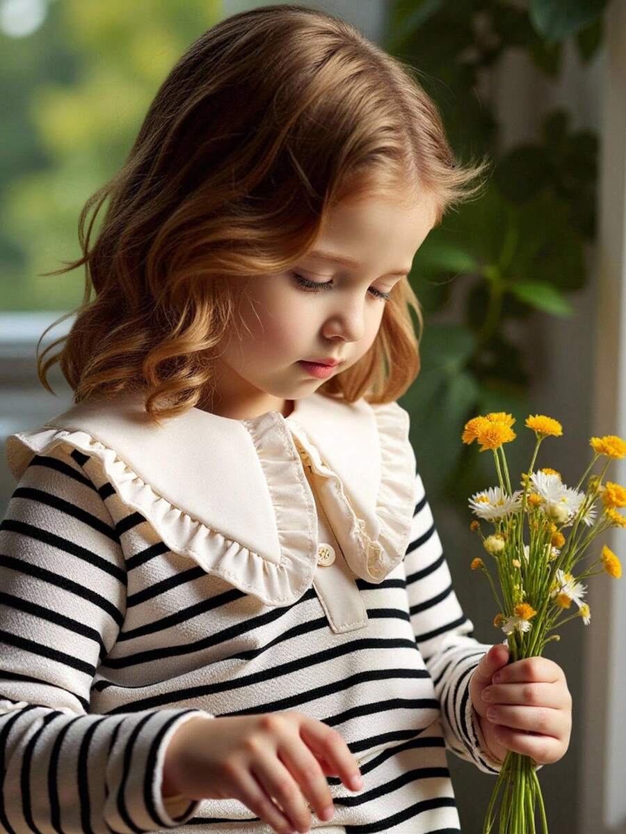 SHEIN Infant Polo Shirt Top, Baby Boy Striped Long Sleeve Crew Neck T-Shirt, Elegant Spring/Autumn New Style Undershirt Fall Winter - Black and White - View 1