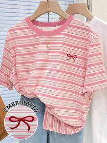 Women's T-Shirt/Bow Pattern Print/Pink Striped Plaid Large Size T-Shirt/Embroidery Craft/Women's Casual Ultra-Loose Round Neck Top/Spring And Summer